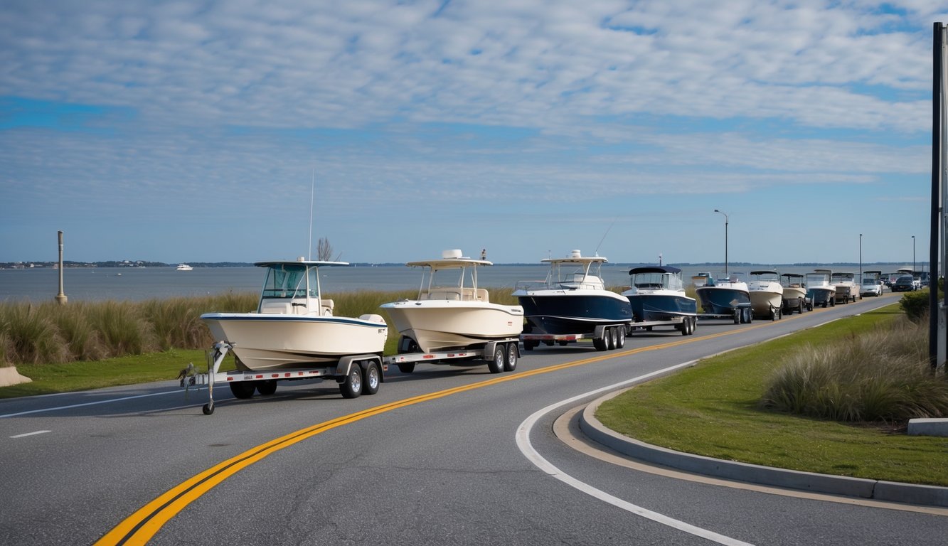 Boats being transported on trailers along a coastal road near local ports and waterway access points in Virginia Beach, VA