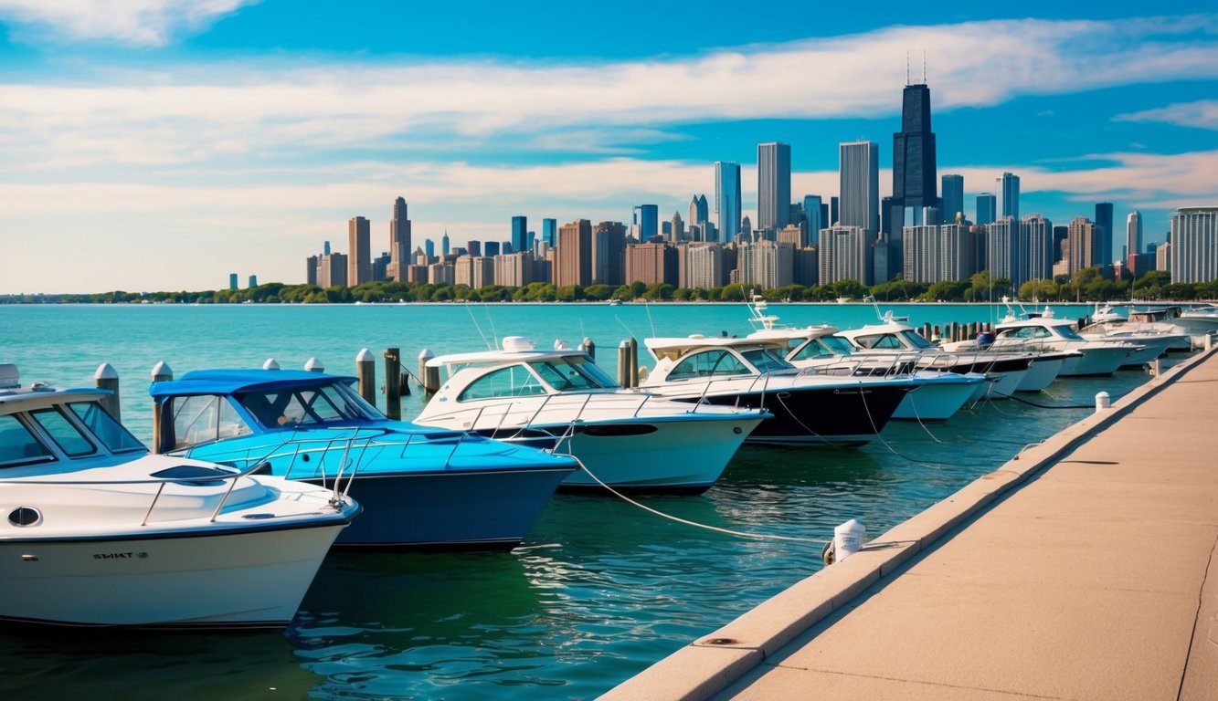 A vibrant scene of boats docked along the Chicago shoreline, with the city skyline in the background and the shimmering waters of Lake Michigan stretching out into the distance