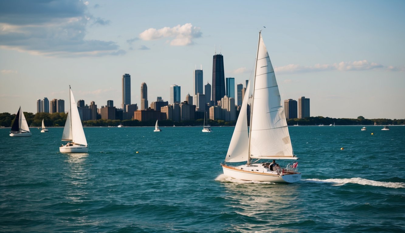 A sailboat glides across Lake Michigan in Chicago, with the city skyline in the background and other boats dotting the water
