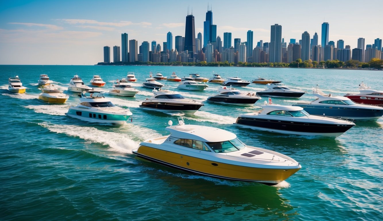 A colorful array of boats gliding across the shimmering waters of Lake Michigan, with the iconic Chicago skyline in the background