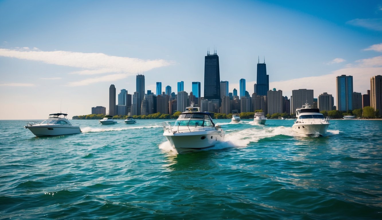Boats sailing on the shimmering waters of Lake Michigan, with the iconic Chicago skyline in the background, and the allure of the Great Lakes beckoning
