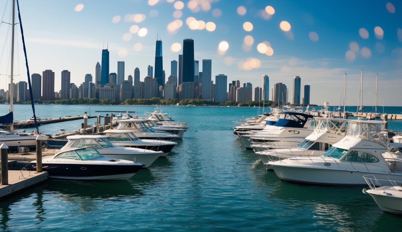 Boats docked at a bustling marina on Lake Michigan, with the Chicago skyline in the background