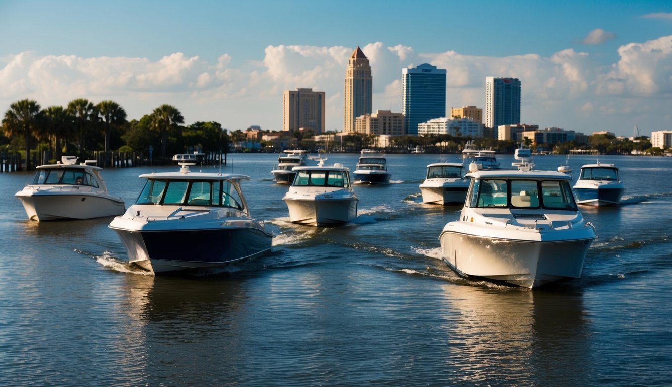 A group of boats gliding through the calm waters of Jacksonville, FL, with the city skyline in the background