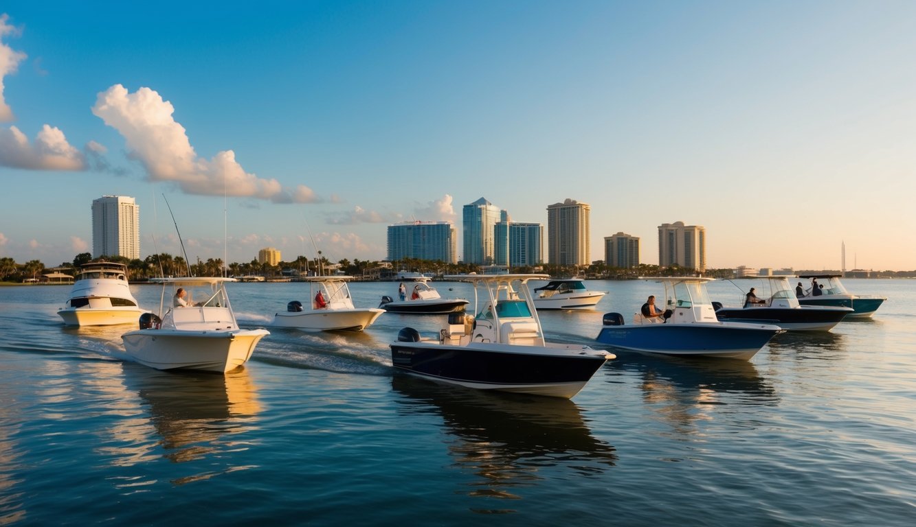 A group of boats gliding through the calm waters of Jacksonville, FL, with the city skyline in the background, showcasing various recreational activities such as fishing, sailing, and water sports