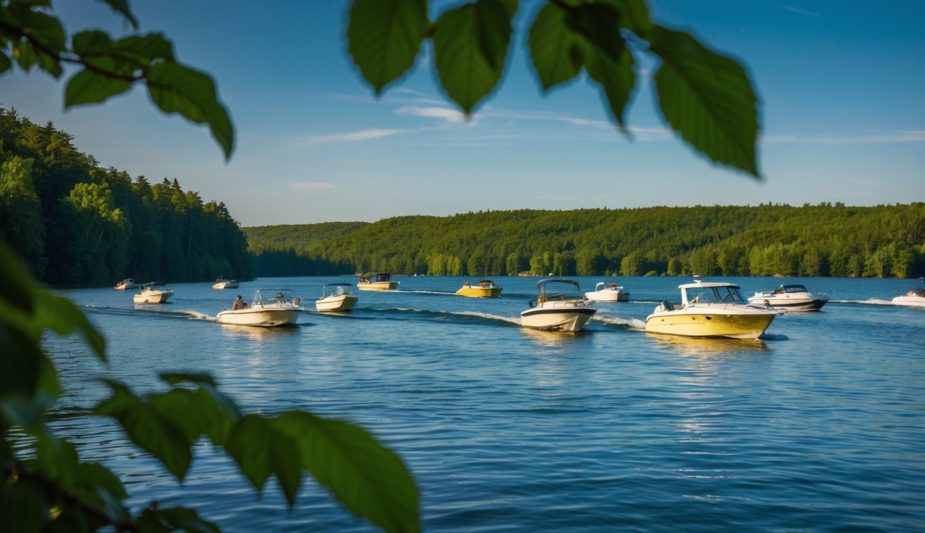 A serene lake with various boats gliding across the water, surrounded by lush green forests and a clear blue sky overhead