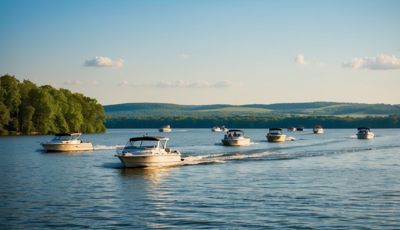A sunny day on Lake Ozark with boats cruising on calm waters, surrounded by lush green trees and distant rolling hills