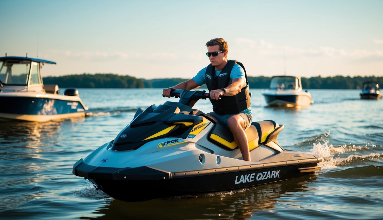 A person operates a personal watercraft (PWC) near boats on Lake Ozark, MO. The water is calm and the sun is shining