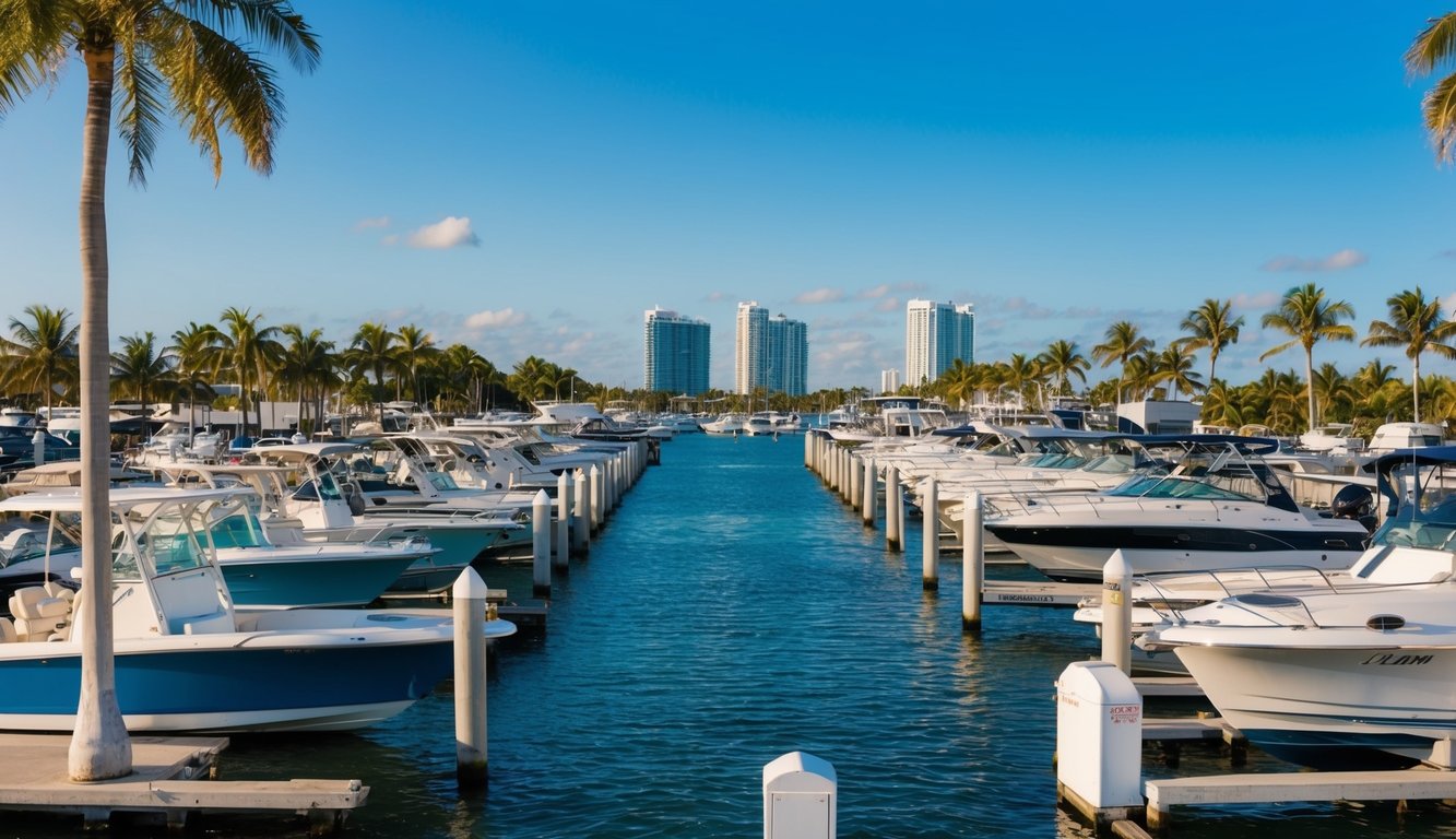 A bustling marina in Miami, FL with boats launching and being stored, surrounded by palm trees and a clear blue sky
