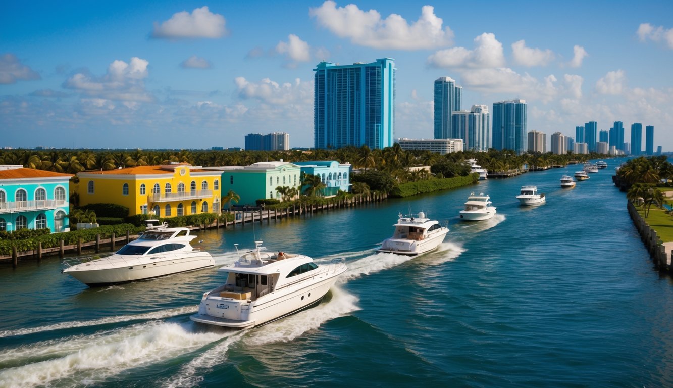 Boats cruising through Miami's waterways, passing by colorful buildings and lush greenery, with the city skyline in the background