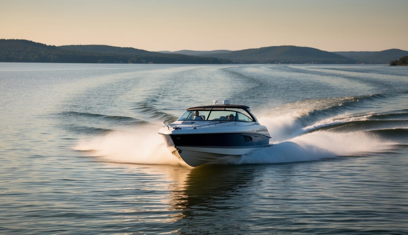 A speedboat glides across the calm waters of Lake Ozark, with the shoreline and distant hills in the background. The boat's wake forms a smooth, V-shaped pattern behind it