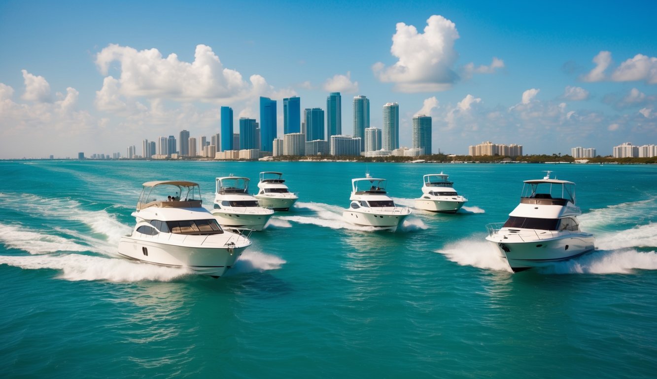 A group of boats gliding through the crystal-clear waters of Miami, with the city's skyline in the background