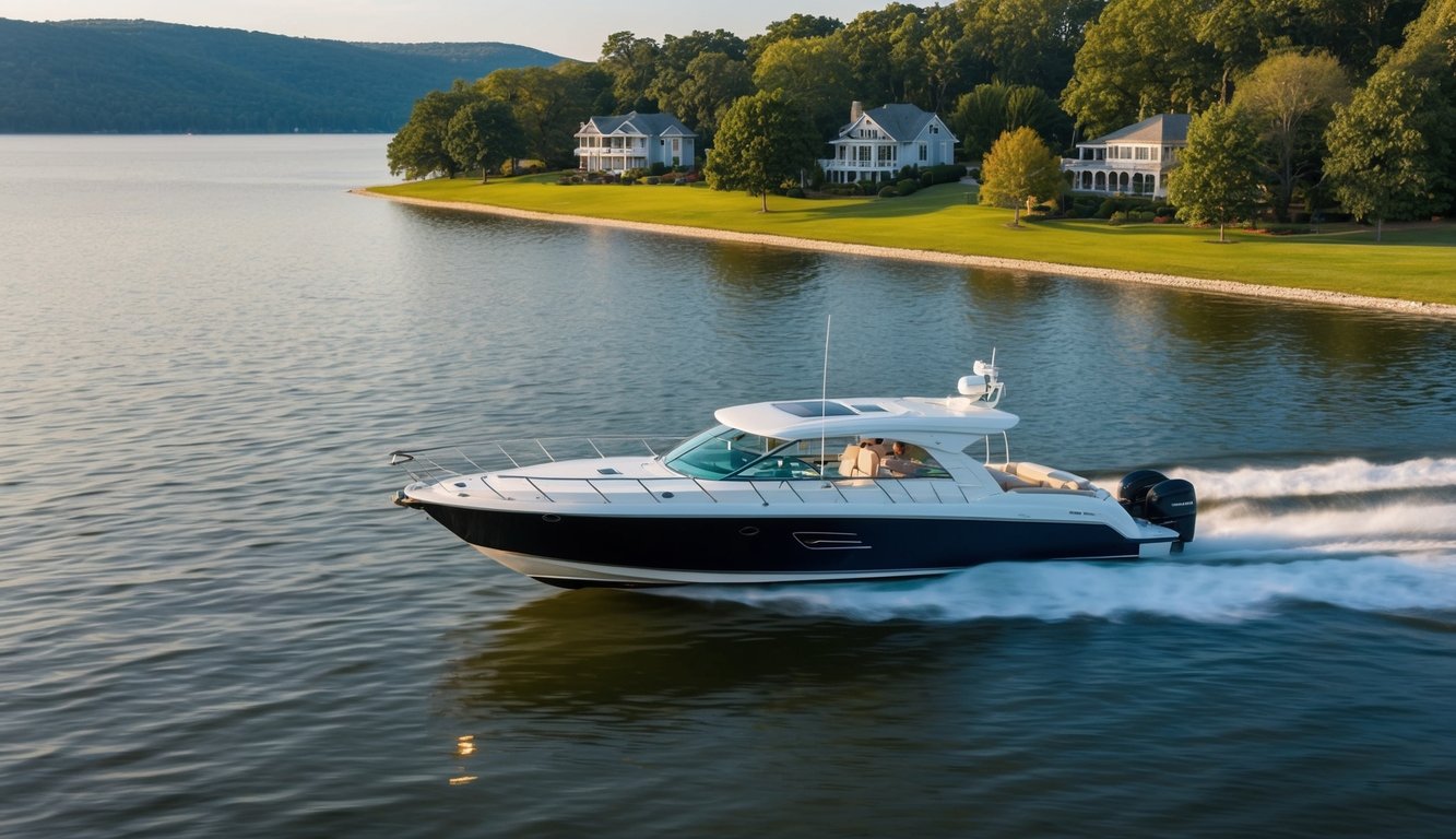 A boat cruising through the calm waters of Lake Ozark, passing by the scenic shoreline dotted with trees and luxurious waterfront properties