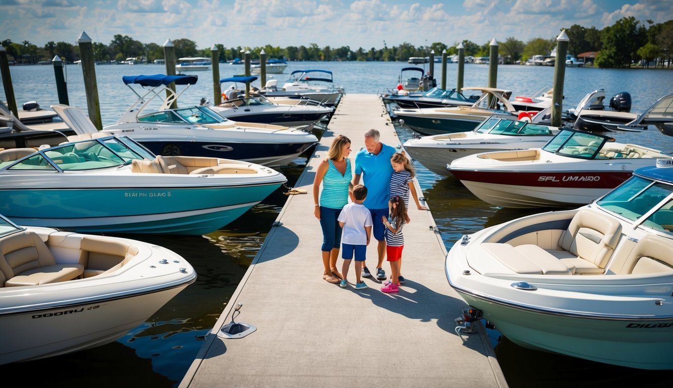 A family standing on the dock, surrounded by various types of boats, choosing the right vessel for a day of lake boating in Orlando, FL