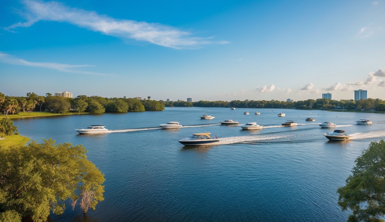 A serene lake in Orlando, FL with boats gliding across the water, surrounded by lush greenery and a clear blue sky