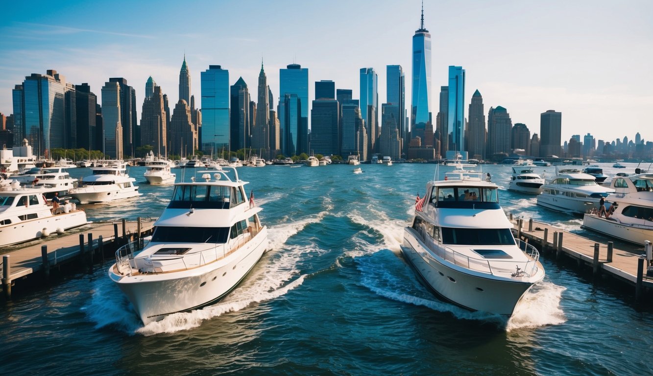 Boats cruising through bustling New York City marinas, with skyscrapers towering in the background and the iconic city skyline visible on the horizon