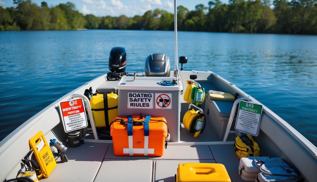 A sunny day on a calm lake in Orlando, FL. A boat with safety equipment and emergency supplies on board. Clear signage for boating safety rules