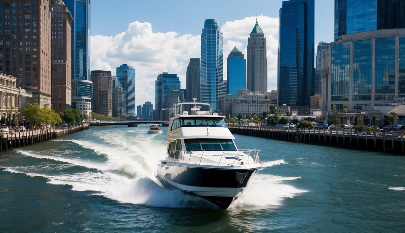A boat maneuvering through a crowded urban waterway with city skyscrapers in the background