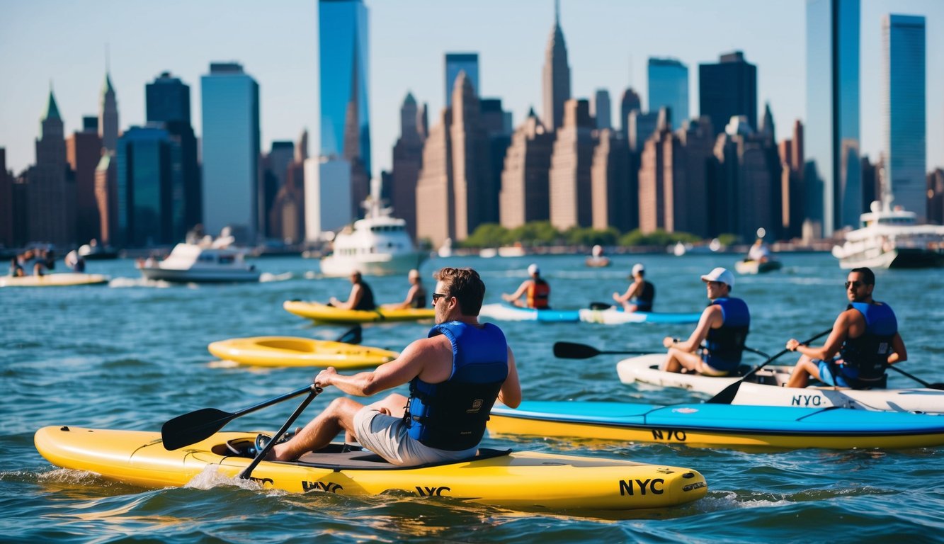People enjoying water sports in NYC, with various boats and city landmarks in the background