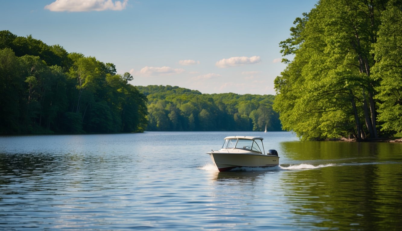 A serene lake surrounded by lush green trees, with a small boat gliding through the calm water in Upstate New York
