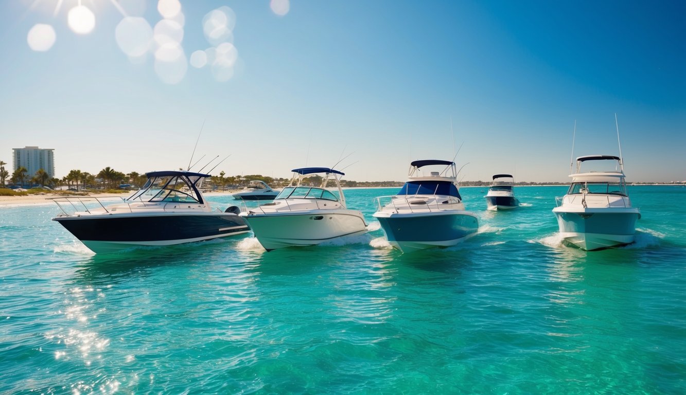 A group of boats gliding through the crystal-clear waters of Clearwater, FL, with the sun shining and the beach in the background