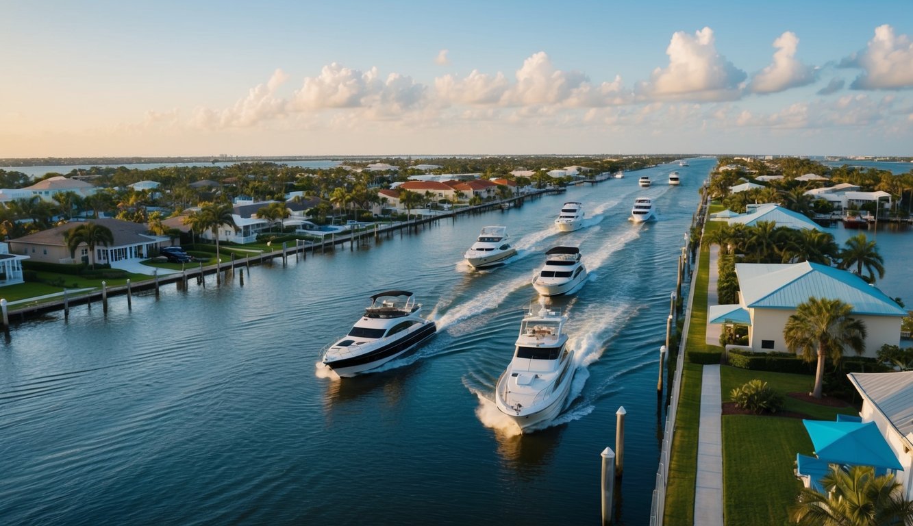 Boats cruising along the Intracoastal Waterway, passing by palm-lined shores and waterfront properties in Clearwater, FL