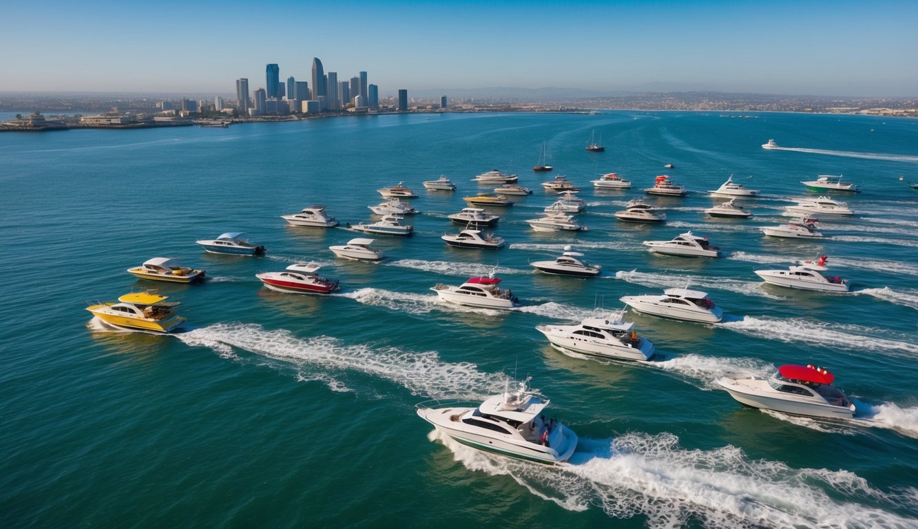 A colorful assortment of boats gliding across the sparkling waters of San Diego Bay, with the city skyline and distant coastline in the background