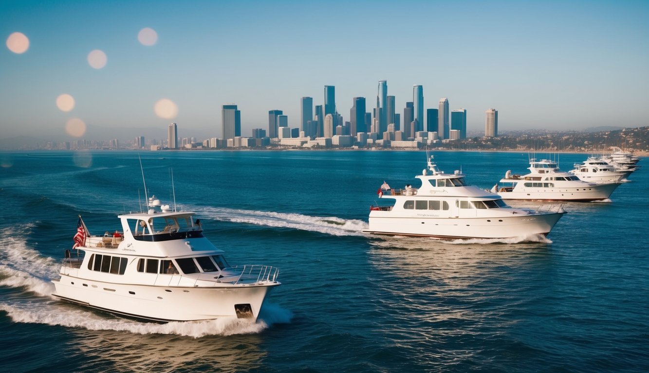 Boats cruising along the Pacific Coast with the Los Angeles skyline in the background