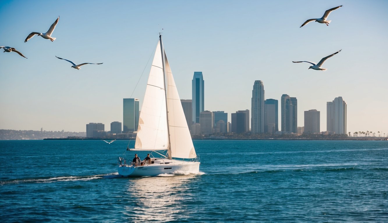 A sailboat glides across calm, blue waters with the San Diego skyline in the background. The sun shines brightly in the clear sky, and seagulls soar overhead