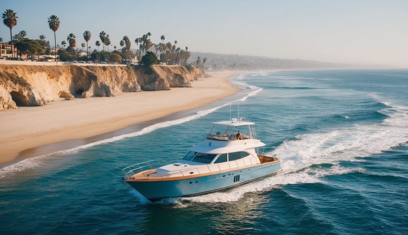 A boat sails along the picturesque coastline of Los Angeles, passing by sandy beaches, rocky cliffs, and palm tree-lined shores