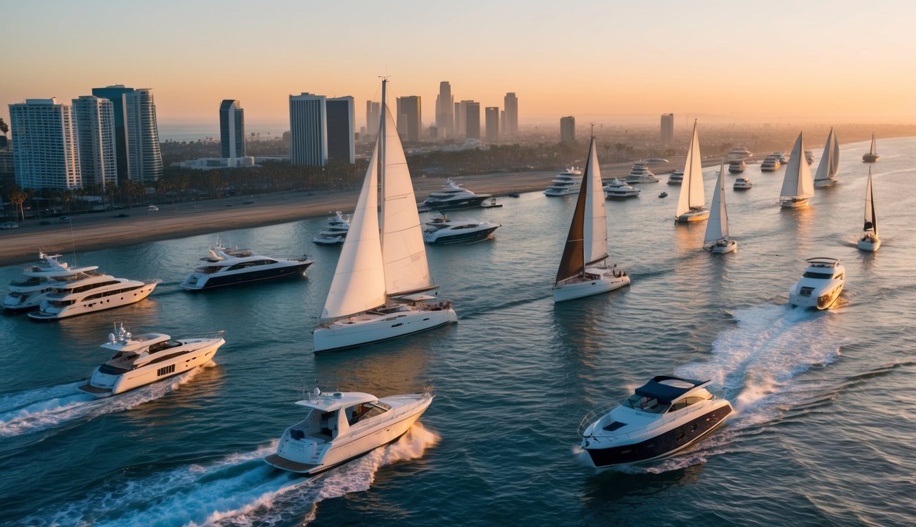 A variety of boats cruise along the coastal waters of Los Angeles, including sailboats, yachts, and speedboats. The sun sets in the background, casting a warm glow over the scene