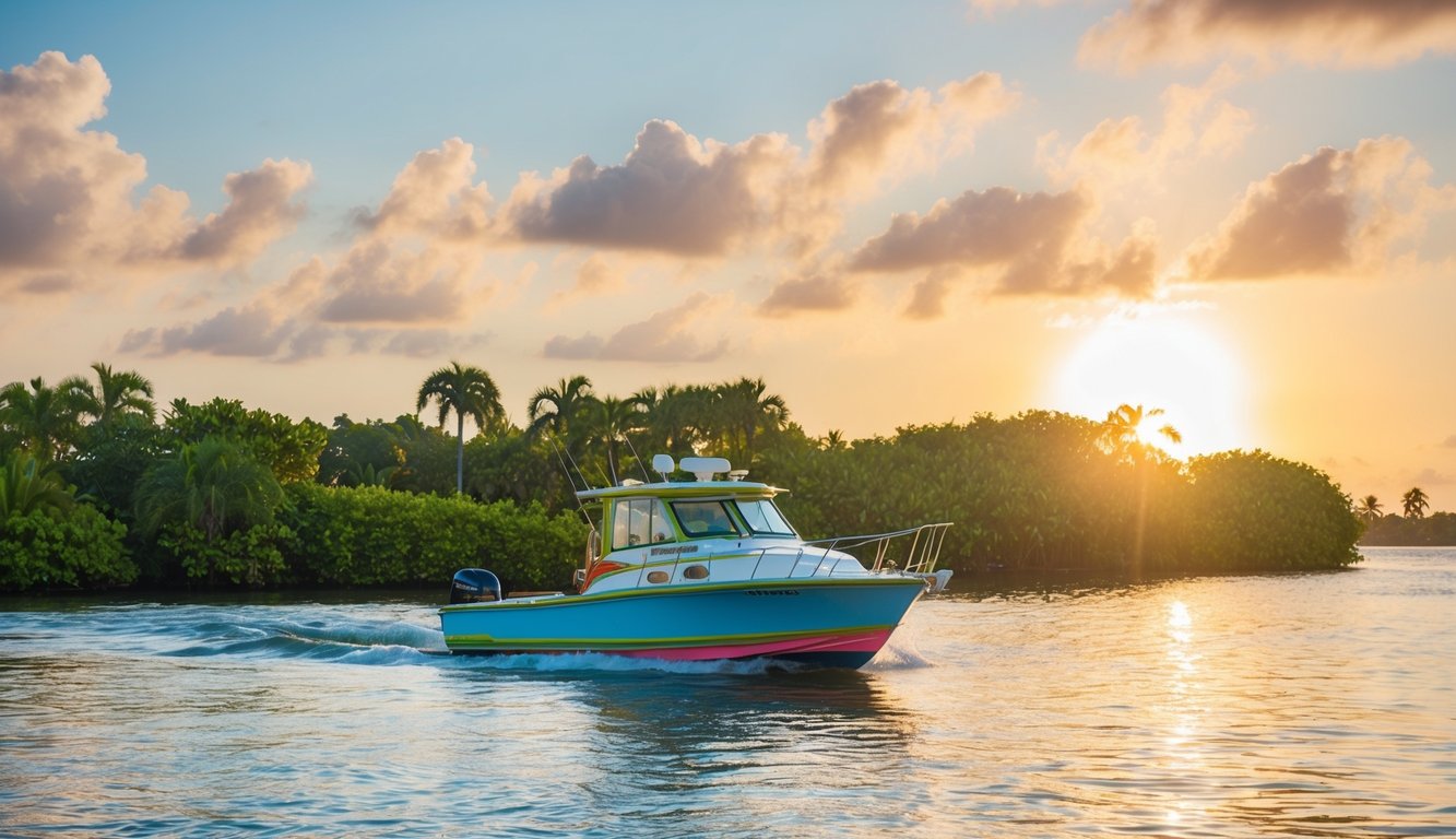 A colorful boat glides through the calm waters of Fort Myers, FL, surrounded by lush tropical vegetation and the warm glow of the sun
