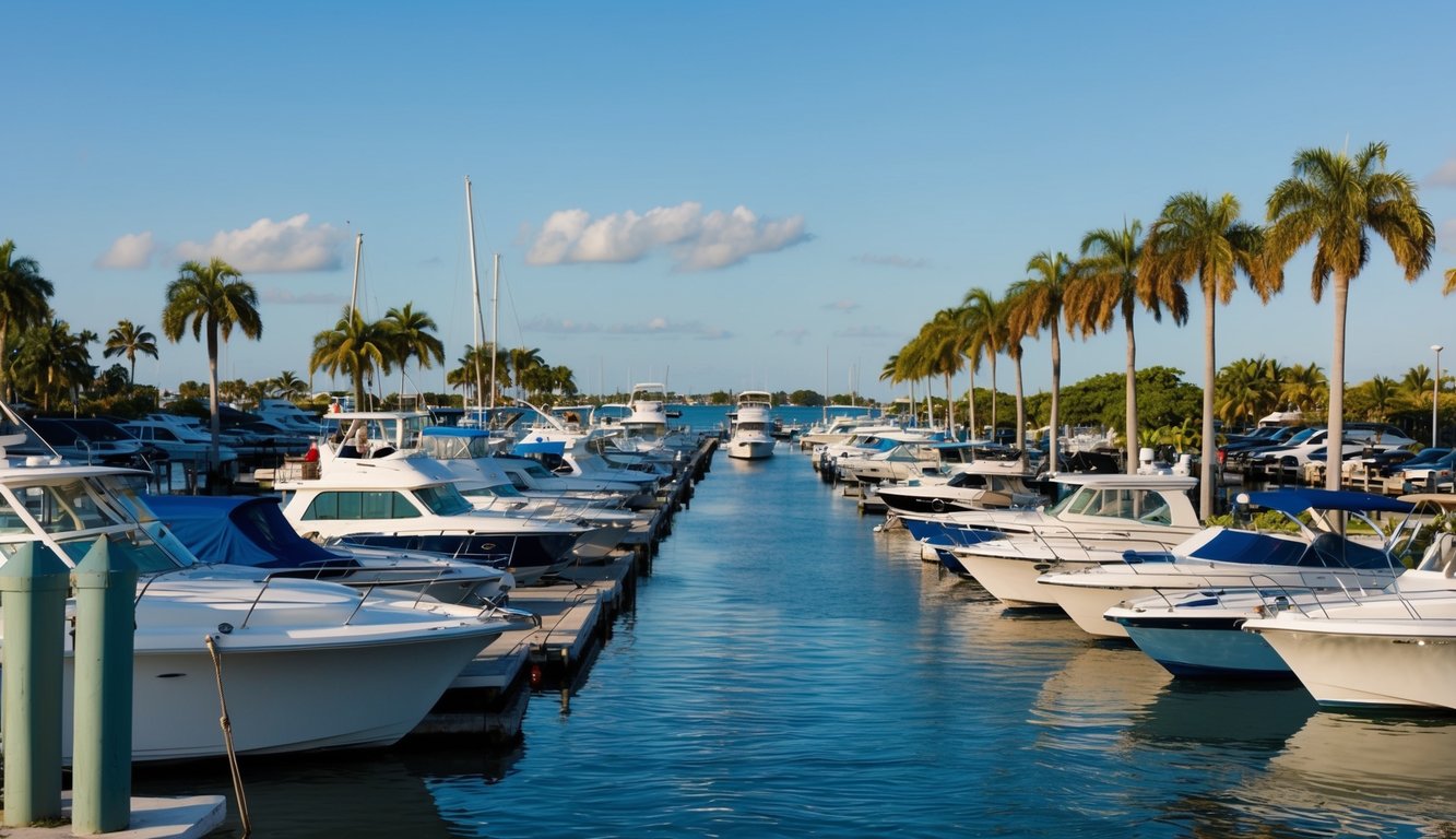 A bustling marina in Fort Myers, FL with boats of all sizes and colors docked along the waterfront, surrounded by palm trees and a clear blue sky