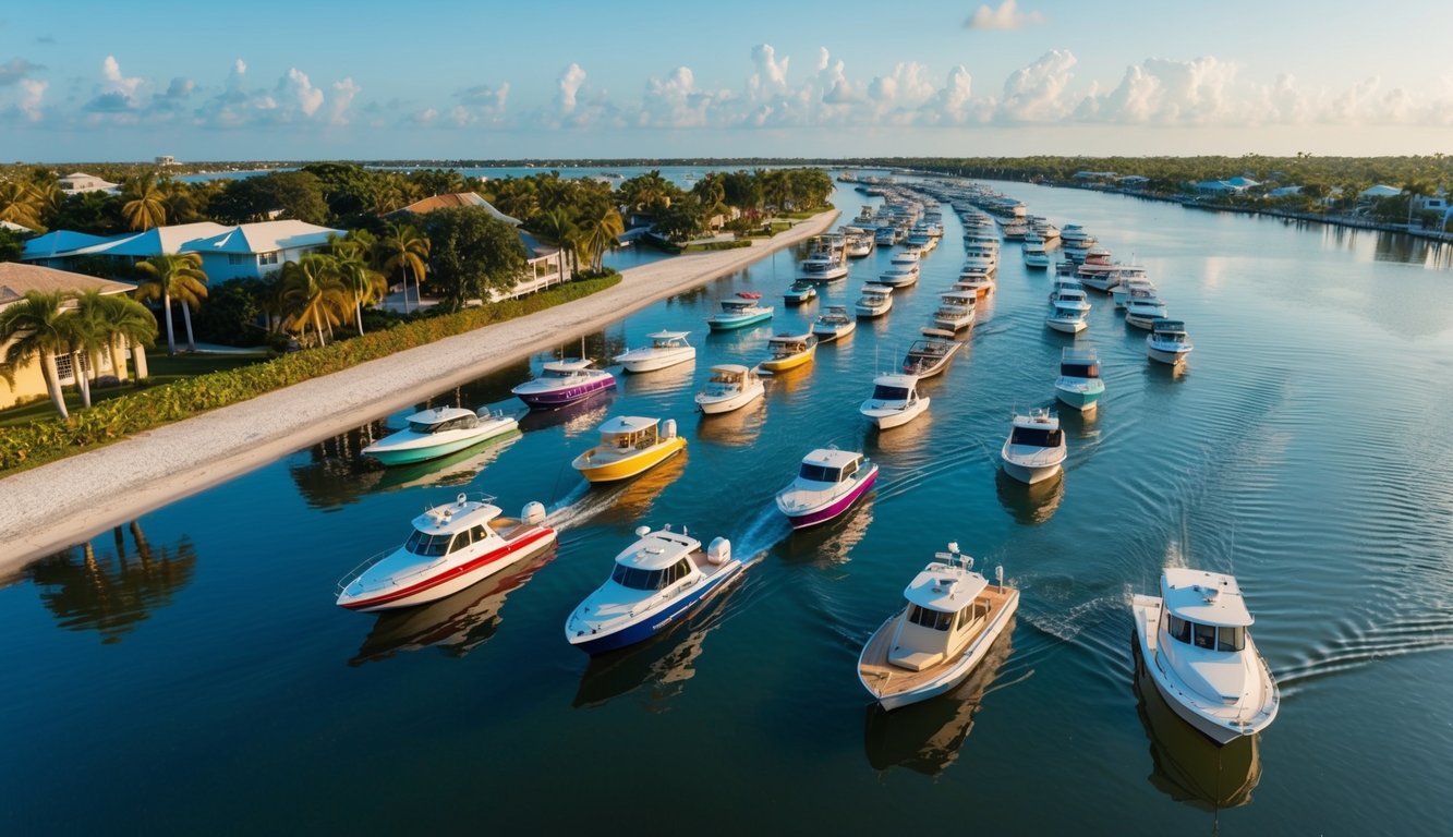 A colorful array of boats gliding through the calm waters of Fort Myers, FL, with palm trees and tropical foliage lining the shoreline