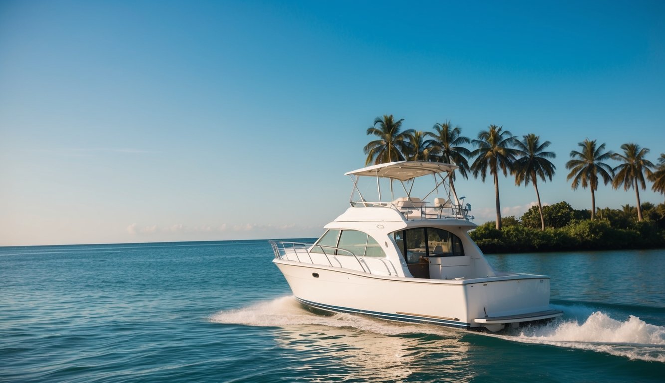 A boat cruising through calm waters with palm trees and a clear blue sky in the background