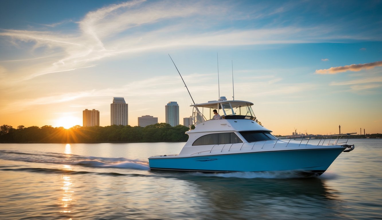 A boat glides through the calm waters of Mobile Bay, passing by the city skyline and a backdrop of lush greenery. The sun sets in the distance, casting a warm glow over the scene