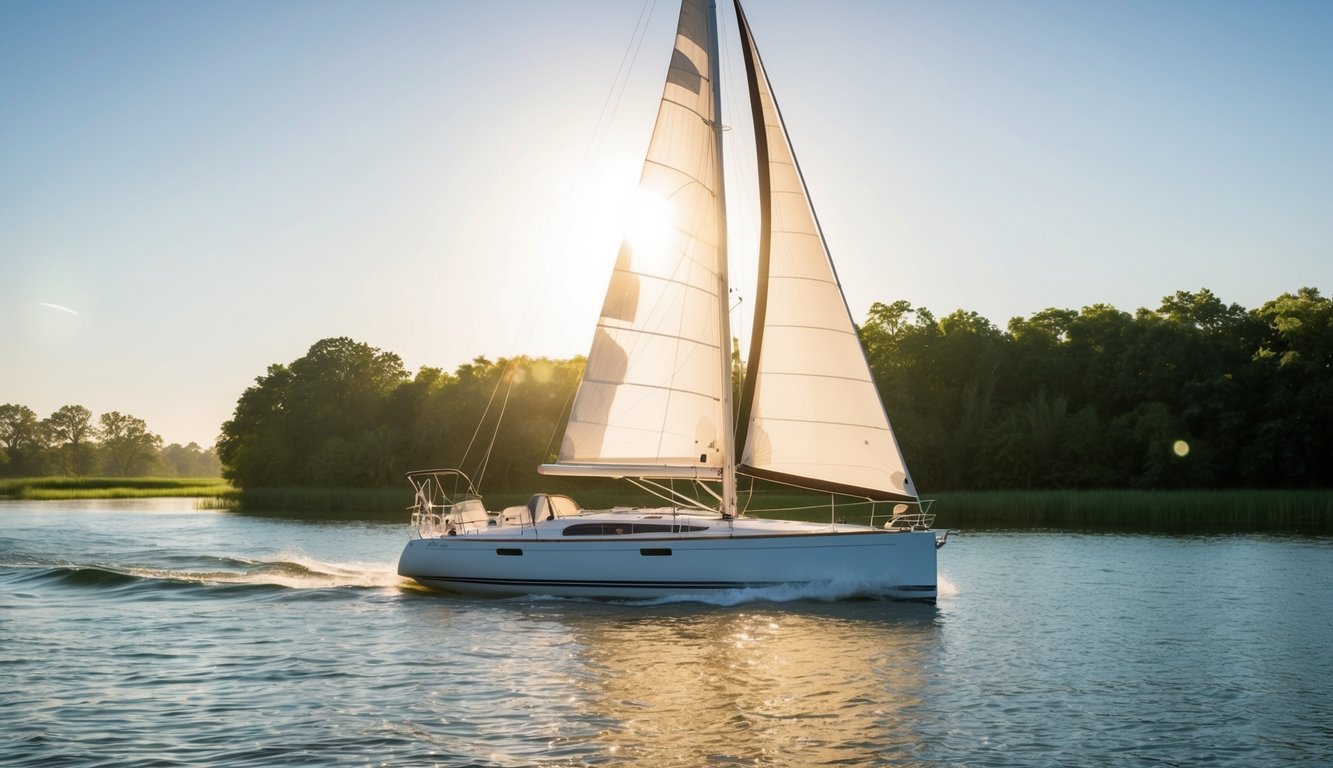 A sailboat gliding through calm waters, surrounded by lush greenery and the warm sun shining down in Mobile, AL