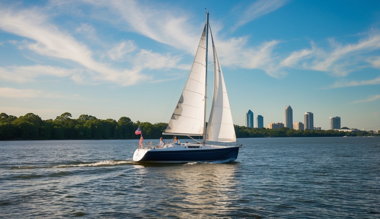A sailboat gliding through calm waters, surrounded by lush greenery and the city skyline of Mobile, AL in the distance