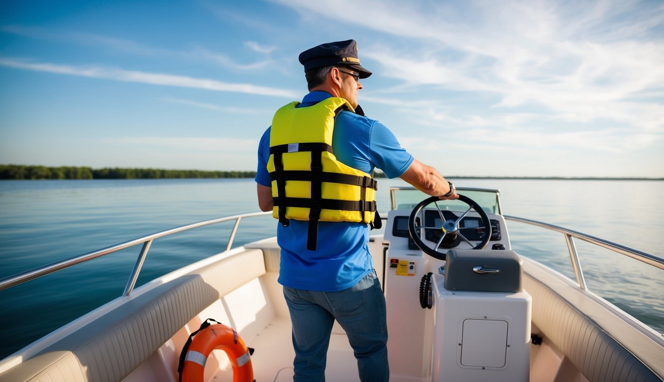 A boat captain navigating through calm waters with a life jacket and safety equipment on board, following legal requirements in Mobile, AL