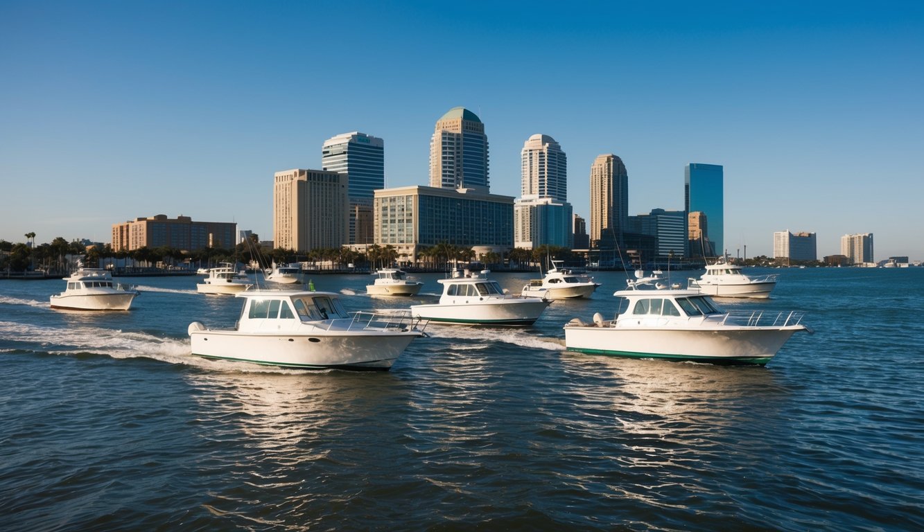 A group of boats cruising along the Mobile Bay with the city skyline in the background, under a clear blue sky on a sunny day