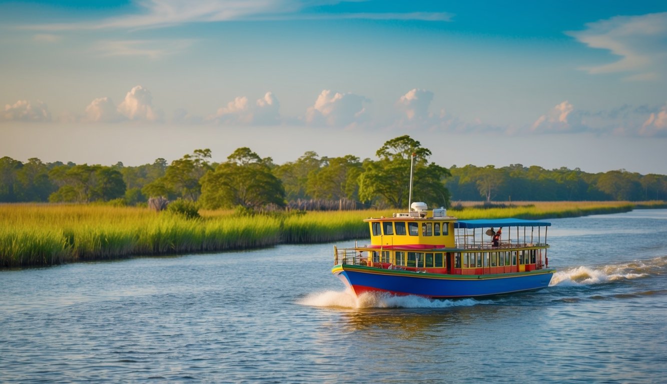 A colorful boat sailing through the calm waters of a bayou with lush greenery and wildlife along the banks