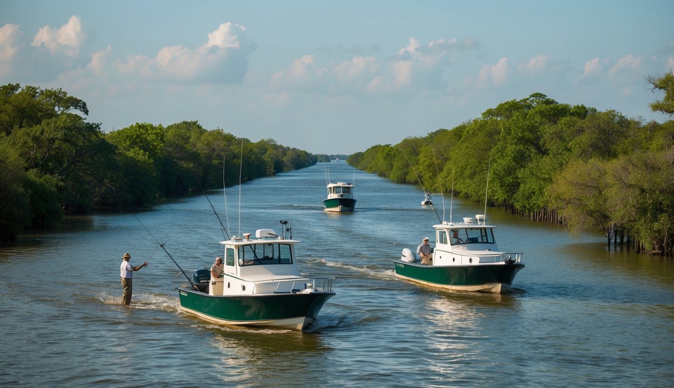 Boats navigating through lush green bayous in Houston, TX, with fishermen casting lines into the tranquil waters