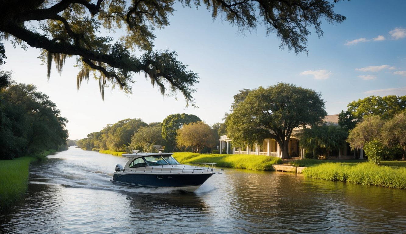 A boat cruising through the winding bayous of Houston, passing under overhanging trees and alongside lush greenery