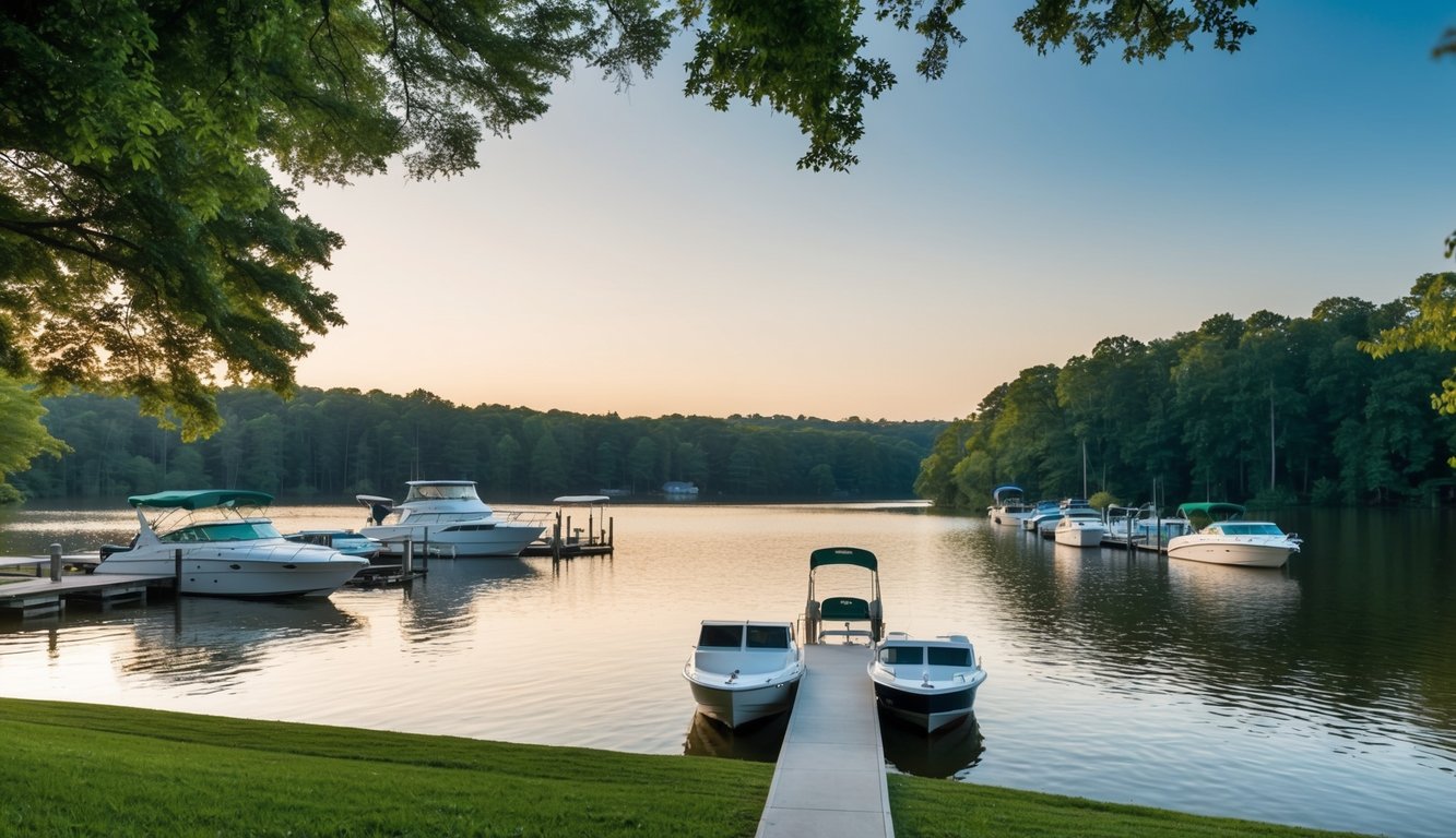 A serene lake surrounded by lush greenery, with a dock and a variety of boats in Raleigh, NC