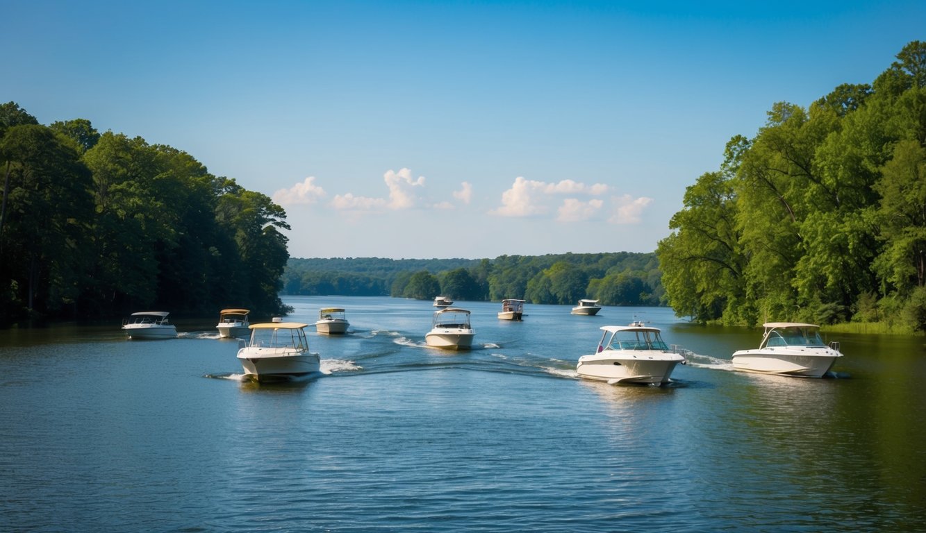 A serene lake surrounded by lush green trees, with several boats gliding across the water under the clear blue sky in Raleigh, NC