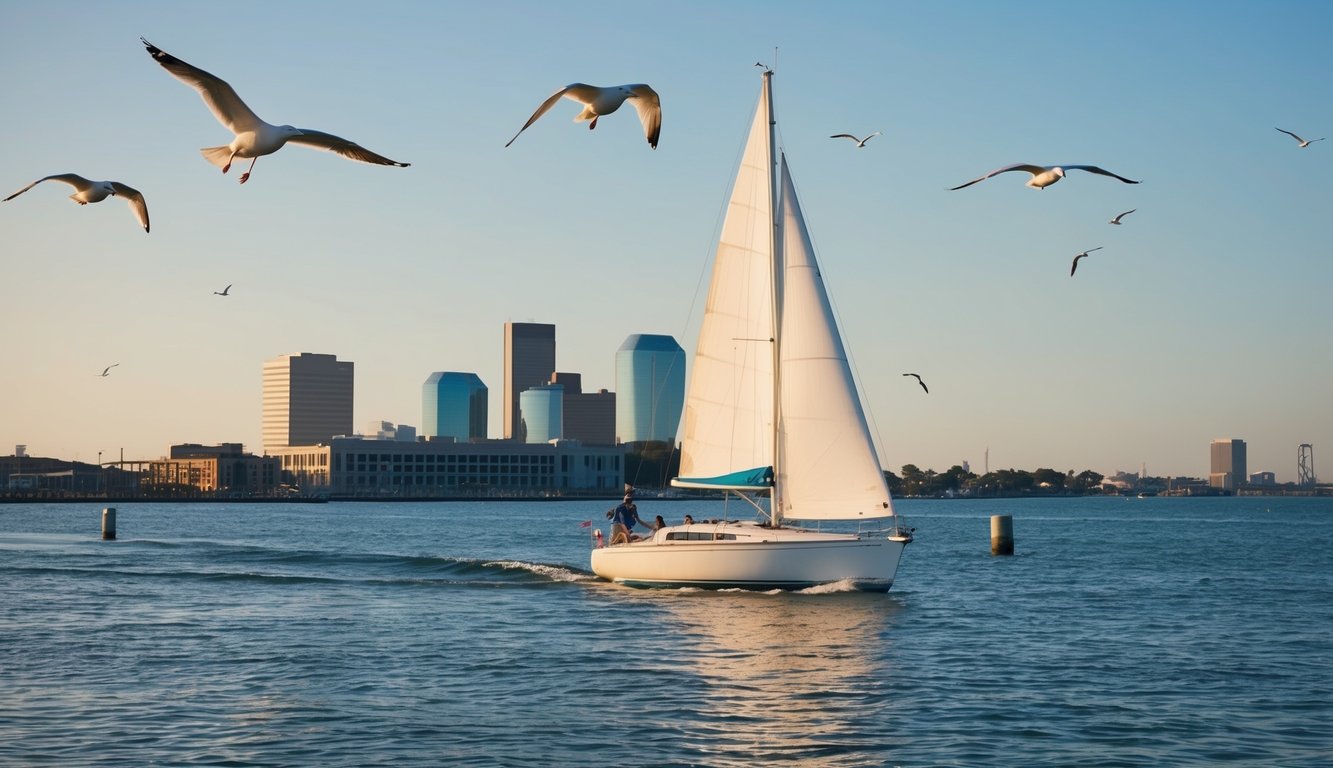 A sailboat gliding across calm Galveston waters, with the city skyline in the background and seagulls flying overhead