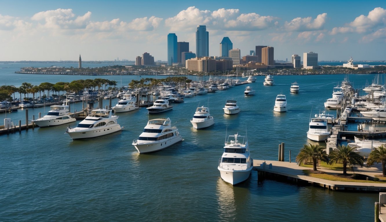 Boats navigating through marinas and coastal routes in Galveston, TX, with the city skyline in the background