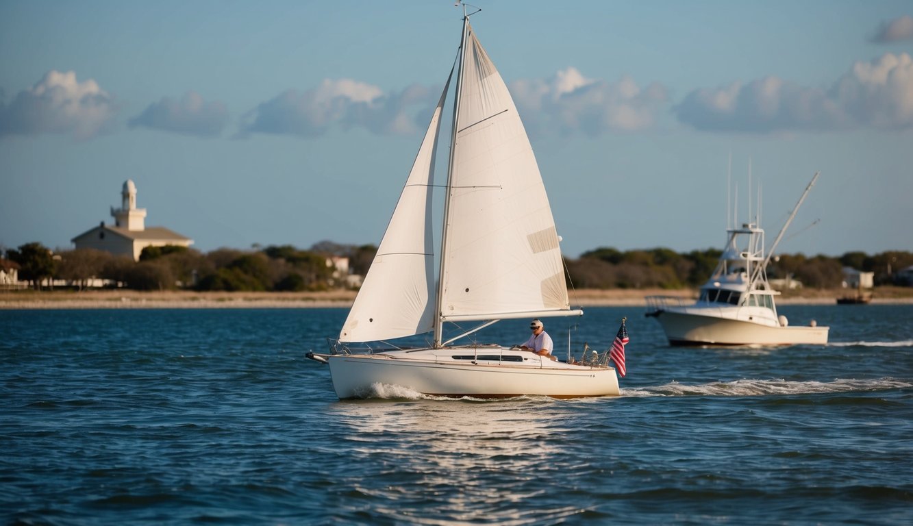 A sailboat glides on the open water, with a fishing boat nearby, against a backdrop of the Galveston, TX coastline