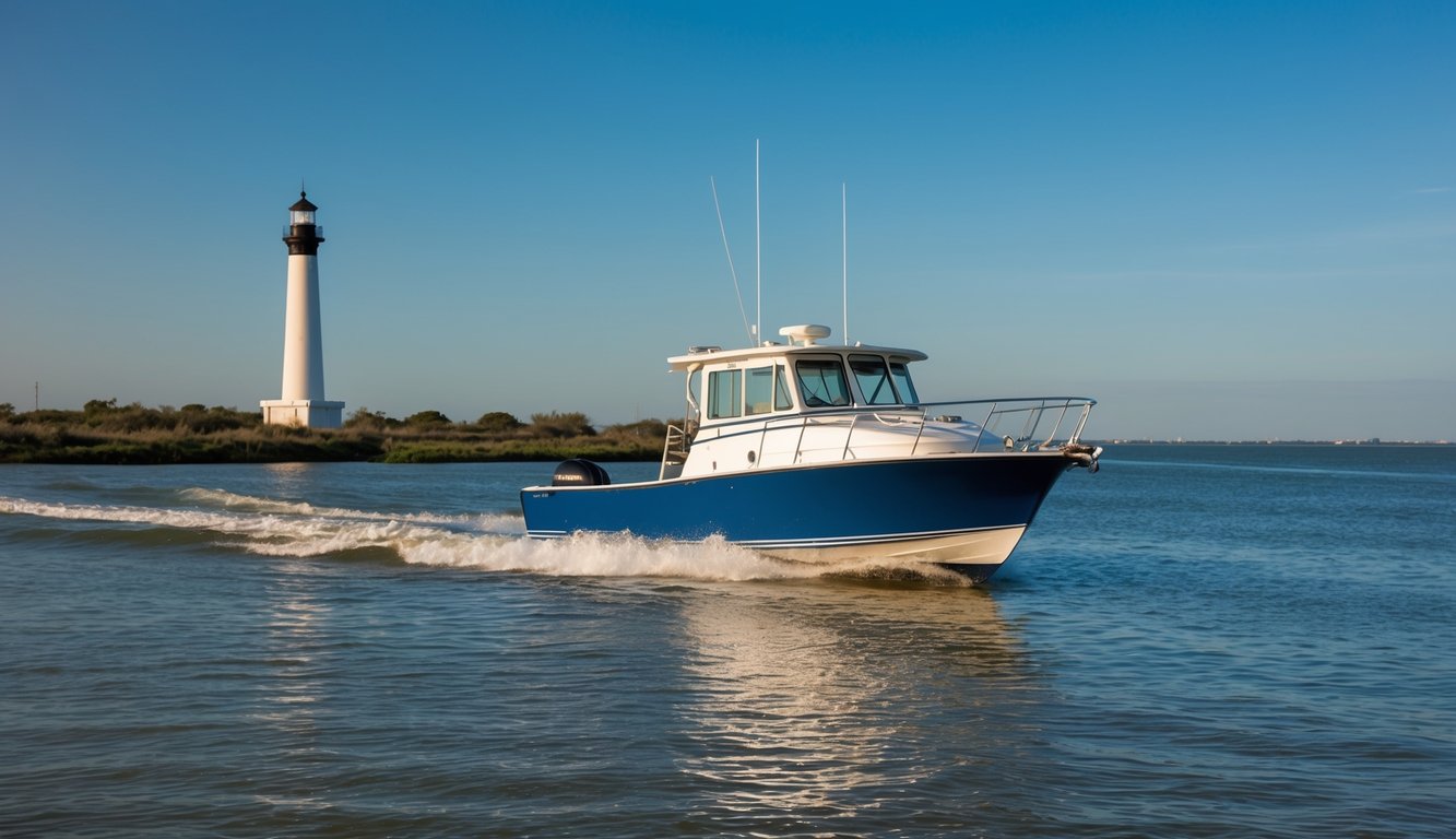 A boat cruising through calm waters near the coast of Galveston, TX, with a lighthouse in the background and a clear blue sky above