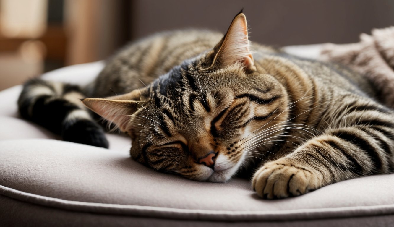 A tabby cat is sleeping on a light-colored cushion with its head resting on its front paw, capturing the essence of a peaceful cat sleeping.