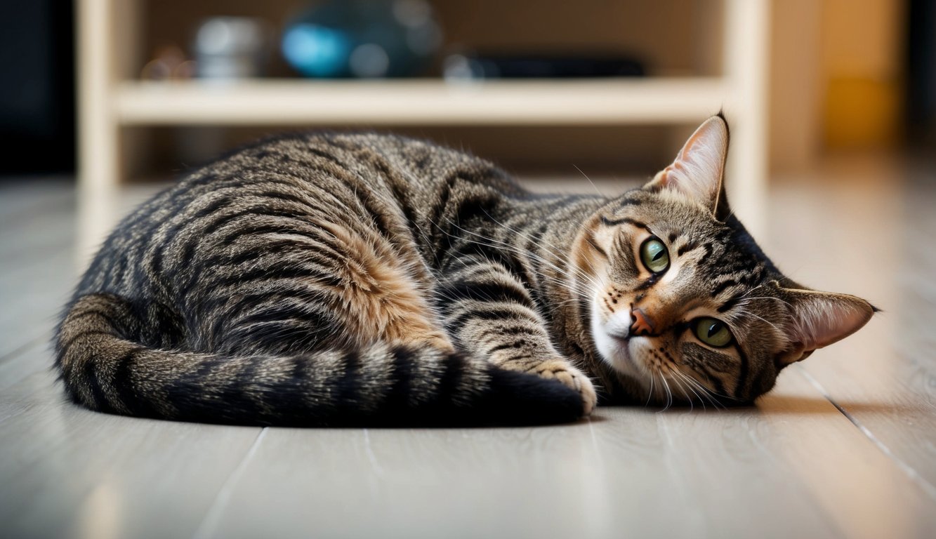 A tabby cat with green eyes lies on a light wooden floor, looking directly at the camera. The scene is peaceful, as if catching the cat sleeping, with shelves softly blurred in the background.